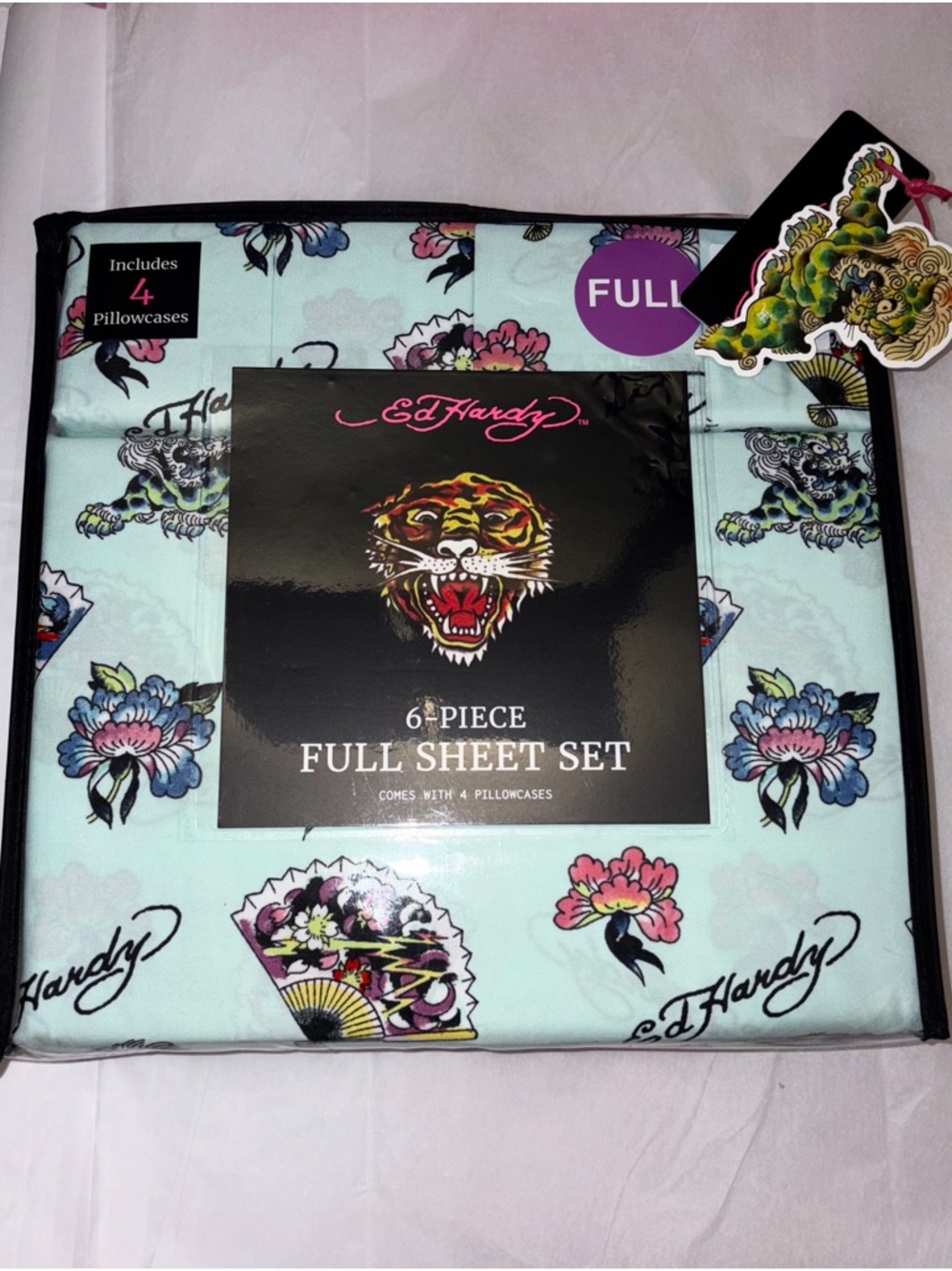 Ed hardy size full bed sheet set mint floral tiger design tiger room new blue